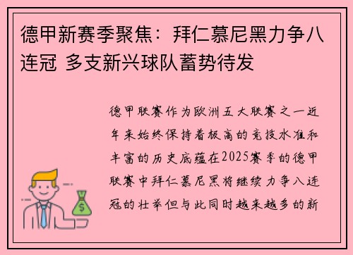 德甲新赛季聚焦：拜仁慕尼黑力争八连冠 多支新兴球队蓄势待发
