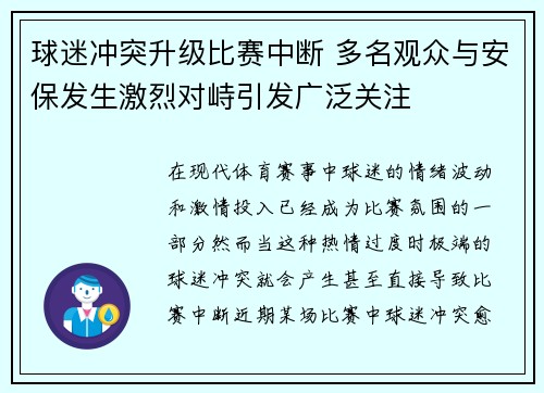 球迷冲突升级比赛中断 多名观众与安保发生激烈对峙引发广泛关注